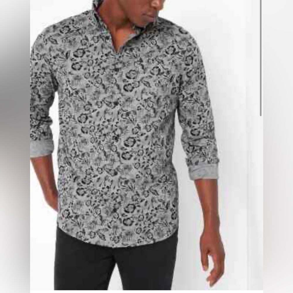 Express Men’s Slim Fit Gray & Black Contemporary Floral Button Down Shirt